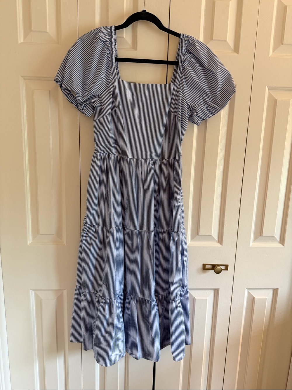J. Crew Blue Pinstripe Puff-Sleeve Dress